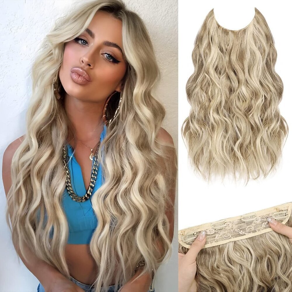 Hair Extensions Synthetic 20 Inch Wavy Invisible Wire for Women Ash Blonde